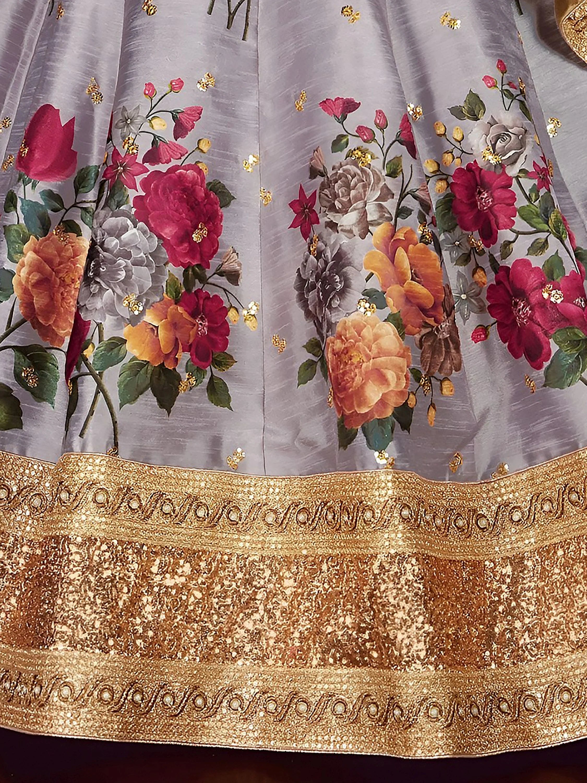 Grey Floral Printed Banglori Silk Bridal Lehenga Choli With Dupatta