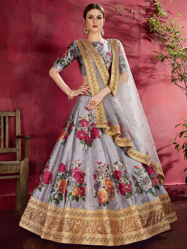 Grey Floral Printed Banglori Silk Bridal Lehenga Choli With Dupatta