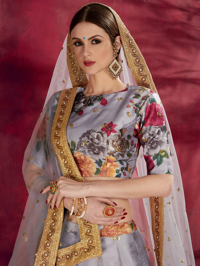 Grey Floral Printed Banglori Silk Bridal Lehenga Choli With Dupatta