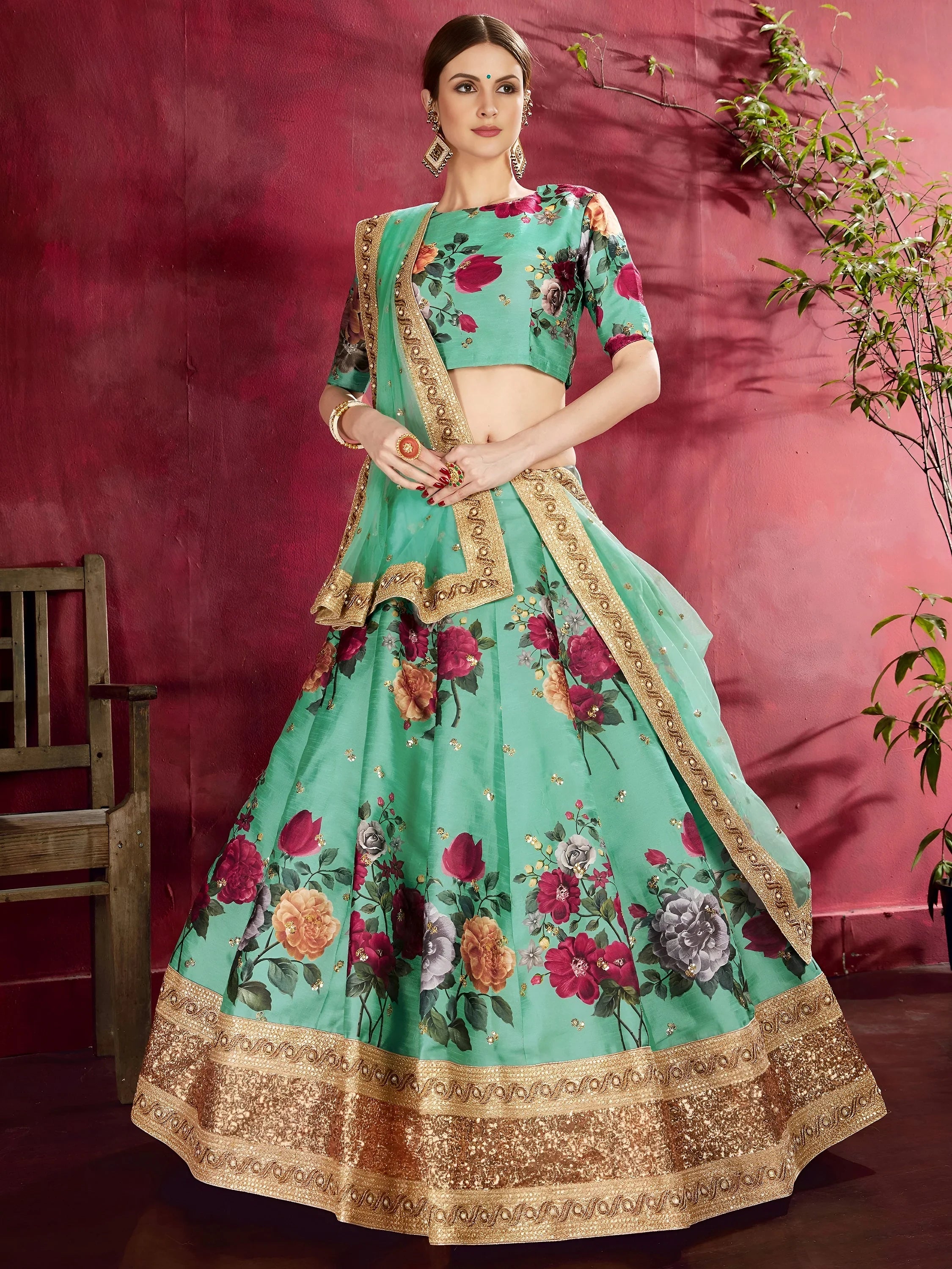 Green Floral Printed Banglori Silk Bridal Lehenga Choli With Dupatta