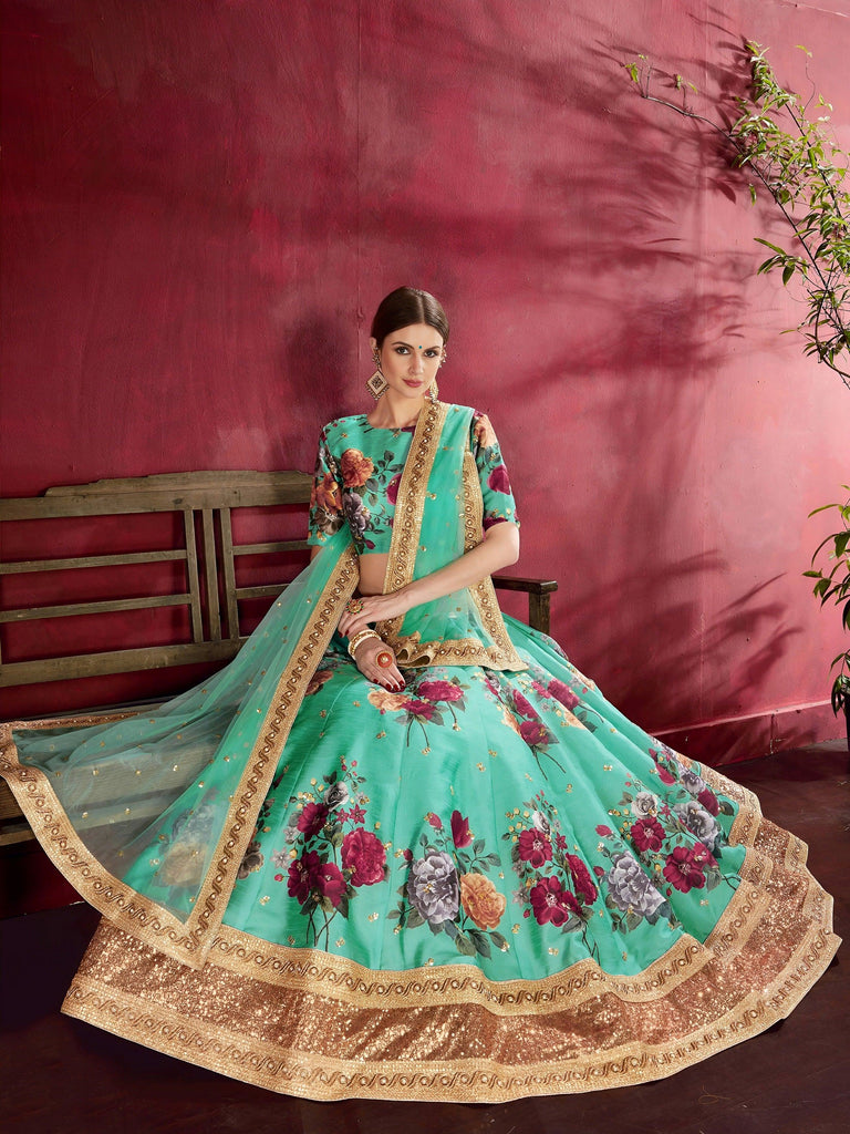 Green Floral Printed Banglori Silk Bridal Lehenga Choli With Dupatta