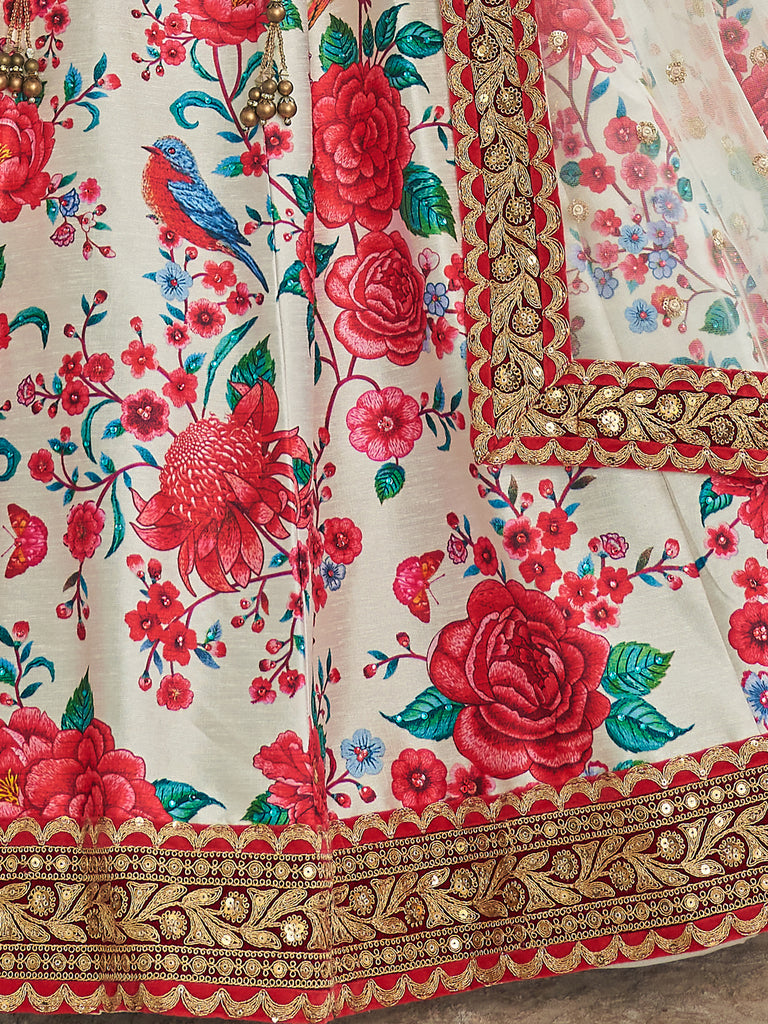 Capricious Off-White Floral Printed Art Silk Lehenga Choli
