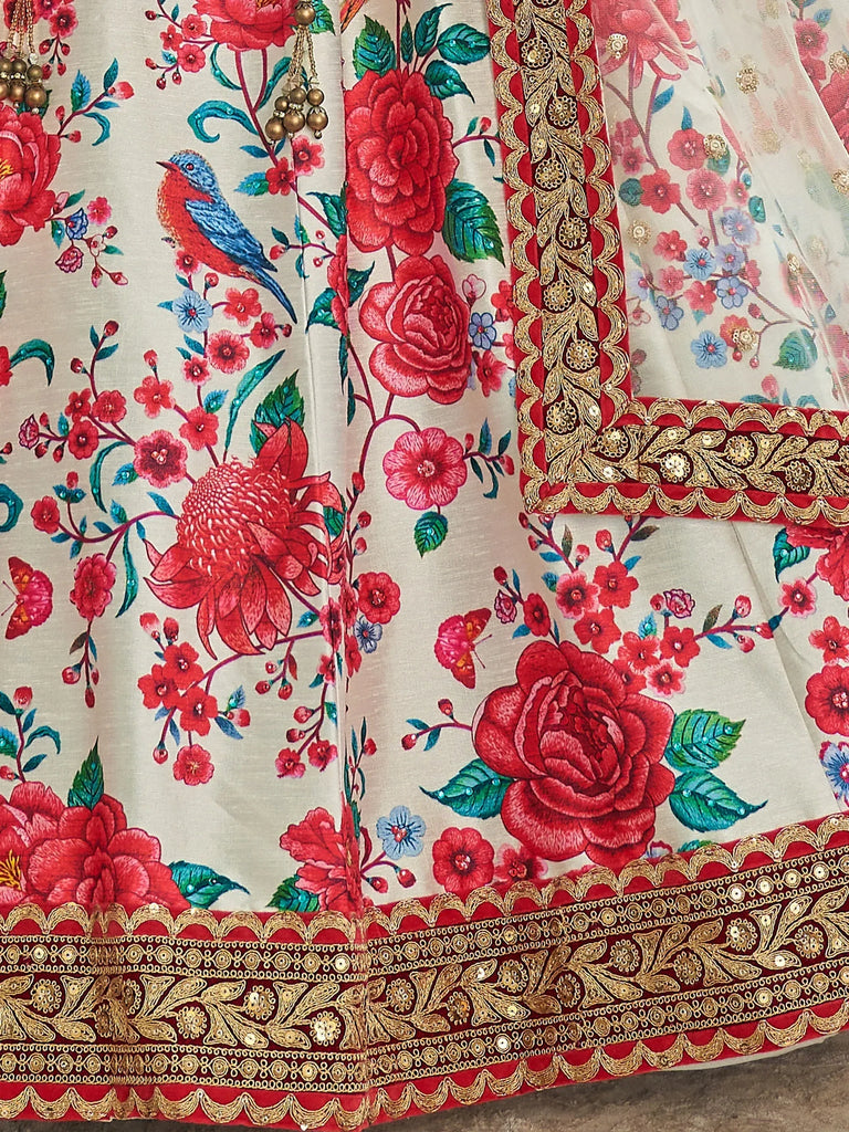 Fantastic Cream Floral Printed Silk Sangeet Wear Plus Size Lehenga Choli