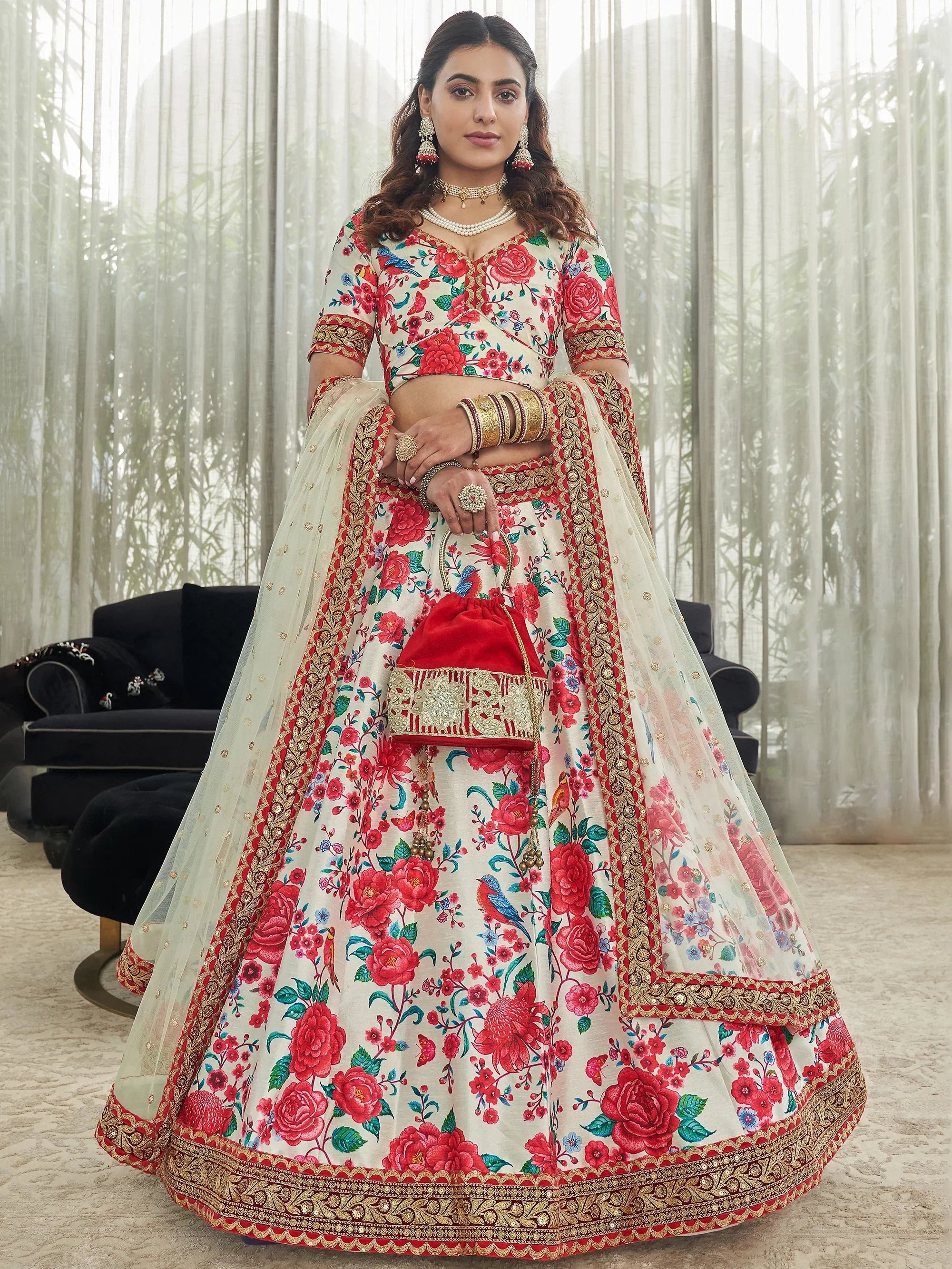 Capricious Off-White Floral Printed Art Silk Lehenga Choli