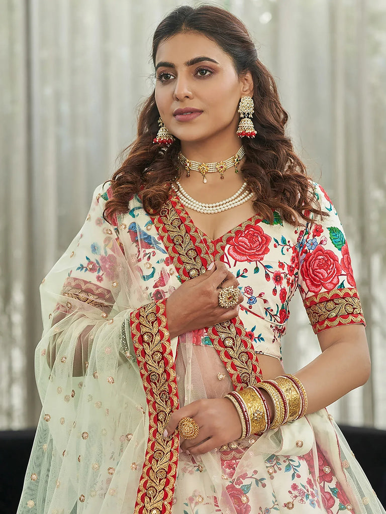 Fantastic Cream Floral Printed Silk Sangeet Wear Plus Size Lehenga Choli