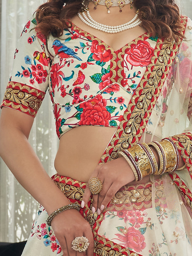 Capricious Off-White Floral Printed Art Silk Lehenga Choli