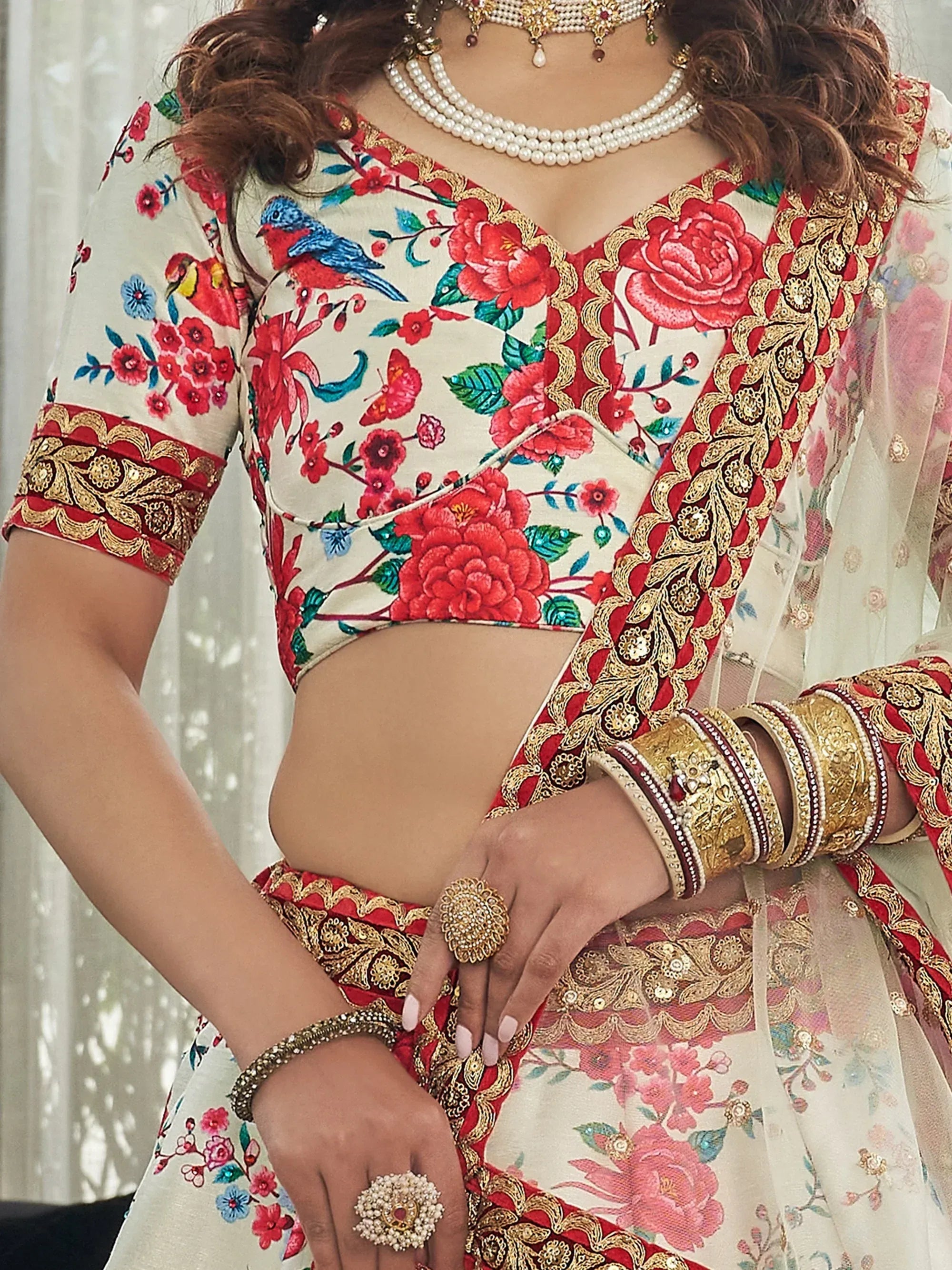 Fantastic Cream Floral Printed Silk Sangeet Wear Plus Size Lehenga Choli