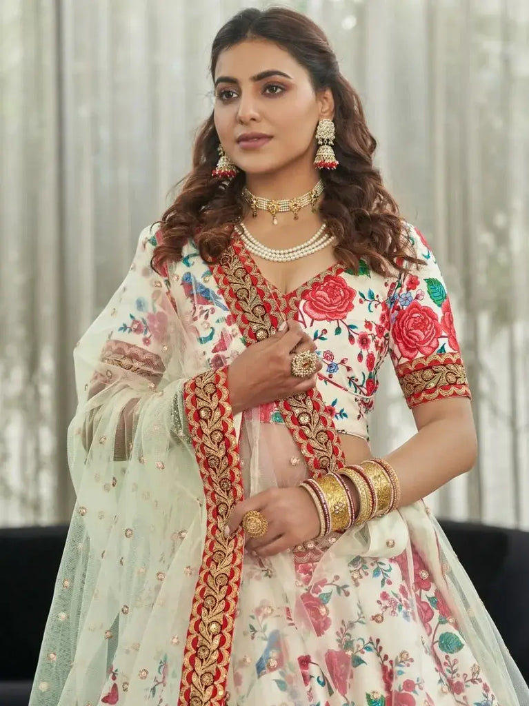 Capricious Off-White Floral Printed Art Silk Lehenga Choli
