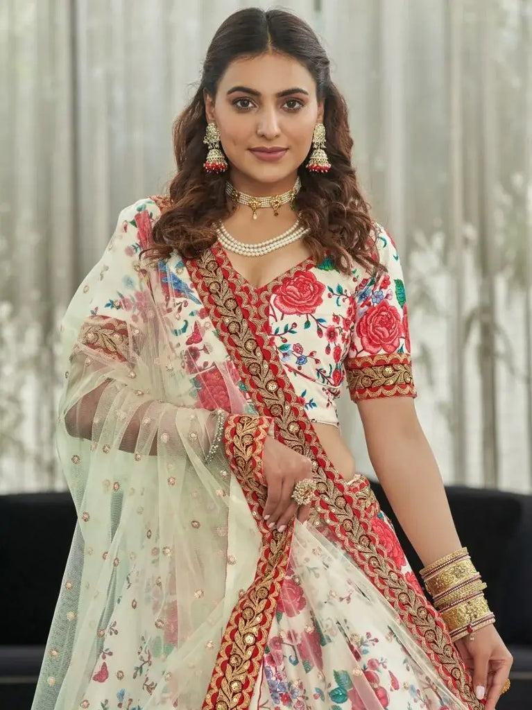 Capricious Off-White Floral Printed Art Silk Lehenga Choli
