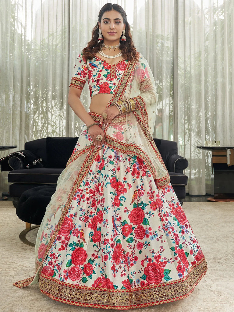 Fantastic Cream Floral Printed Silk Sangeet Wear Plus Size Lehenga Choli