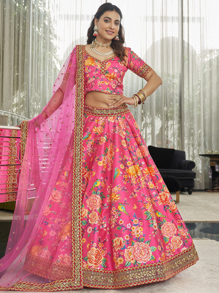 Marvelous Deep Pink Floral Printed Art Silk Lehenga Choli With Dupatta