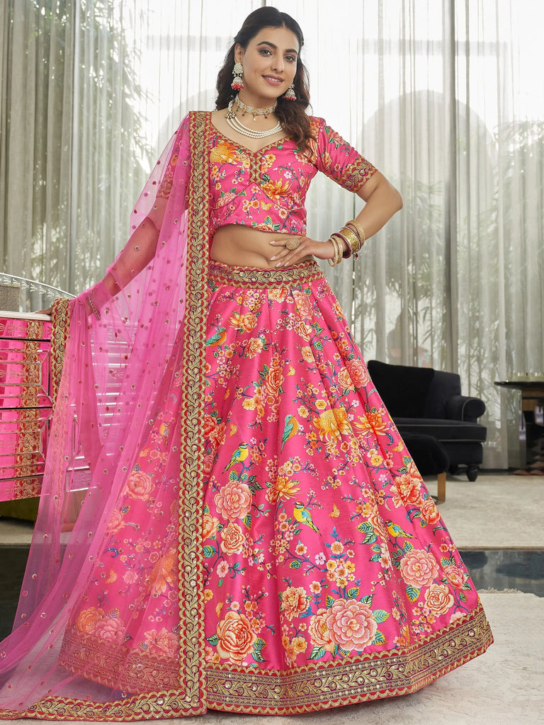 Fabulous Pink Floral Printed Silk Function Wear Plus Size Lehenga Choli