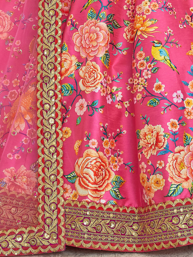 Marvelous Deep Pink Floral Printed Art Silk Lehenga Choli With Dupatta