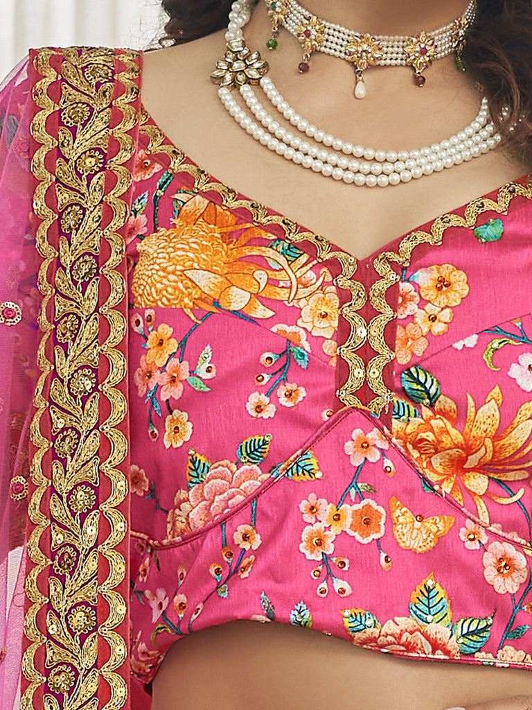 Marvelous Deep Pink Floral Printed Art Silk Lehenga Choli With Dupatta