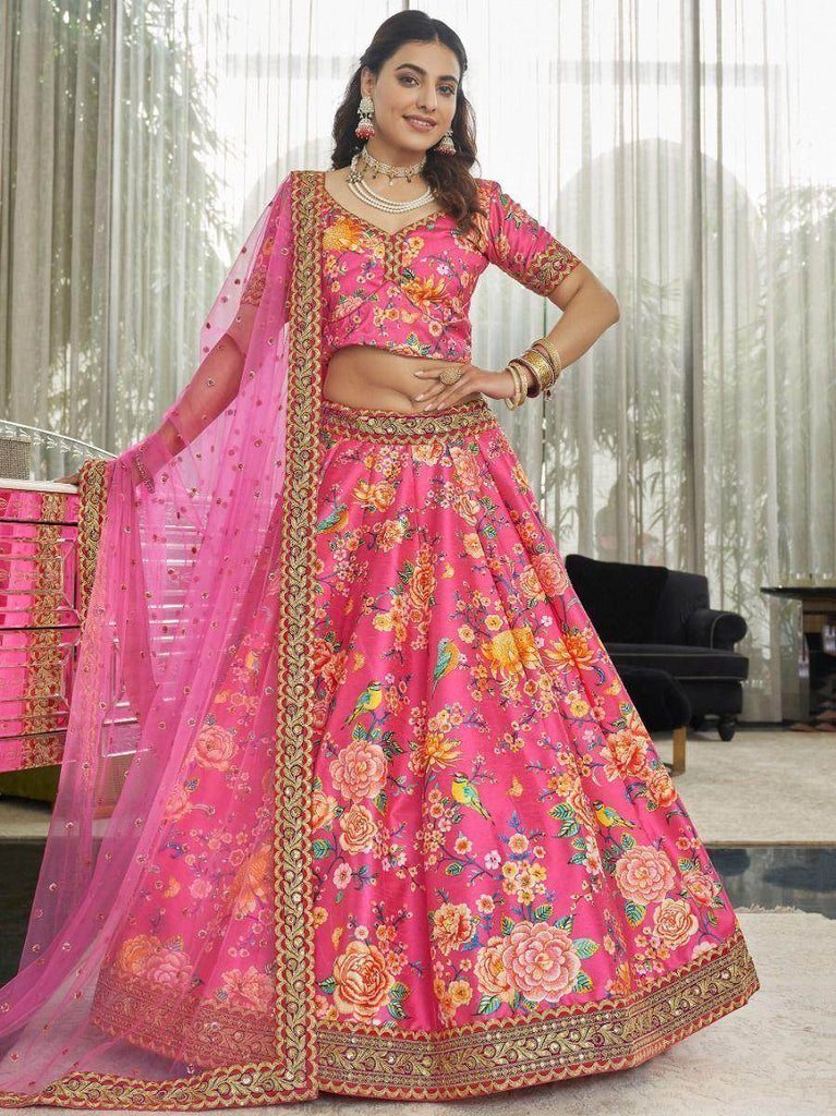 Marvelous Deep Pink Floral Printed Art Silk Lehenga Choli With Dupatta