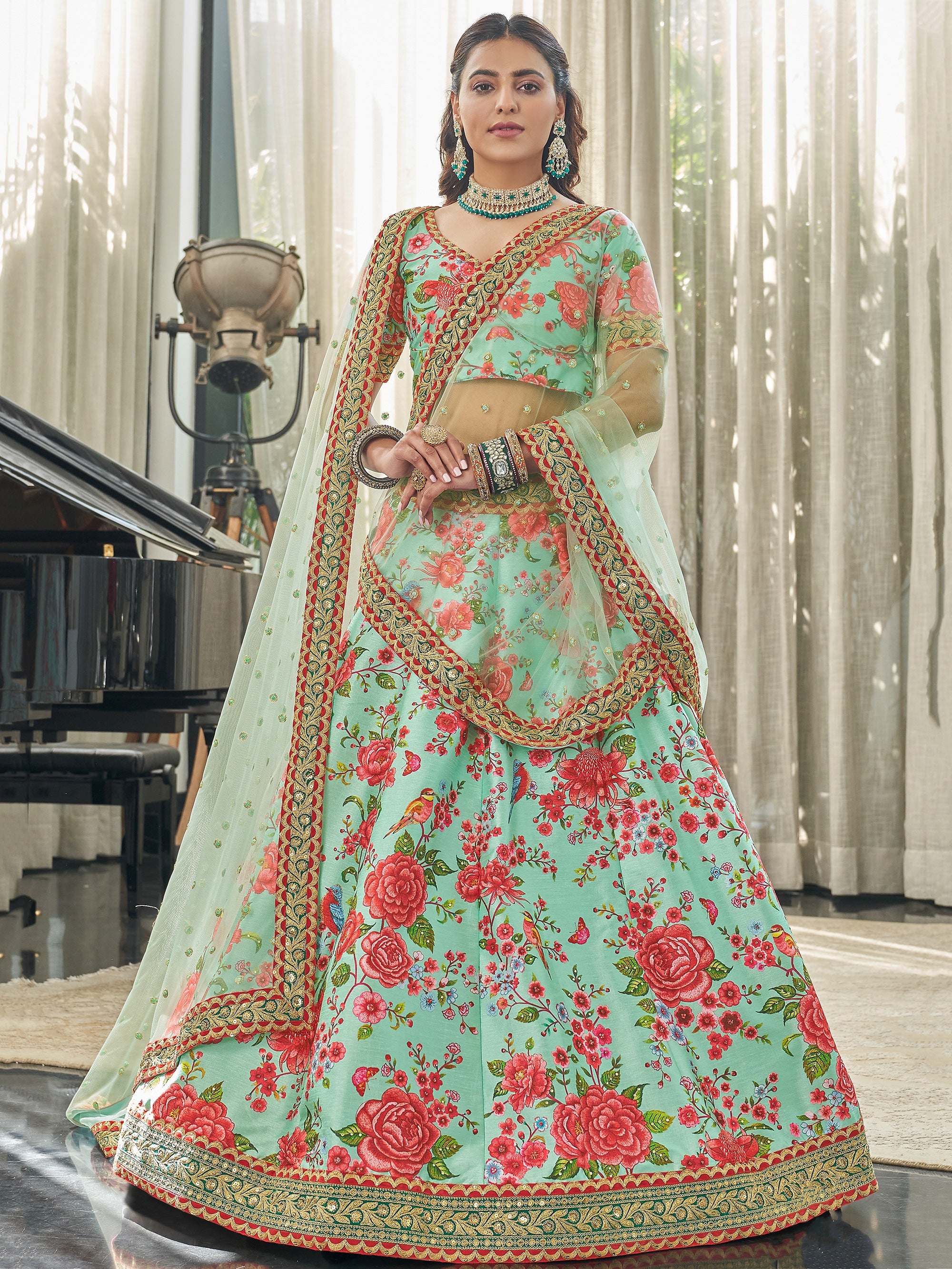 Beautiful Green Printed Silk Sangeet Wear Plus Size Lehenga Choli