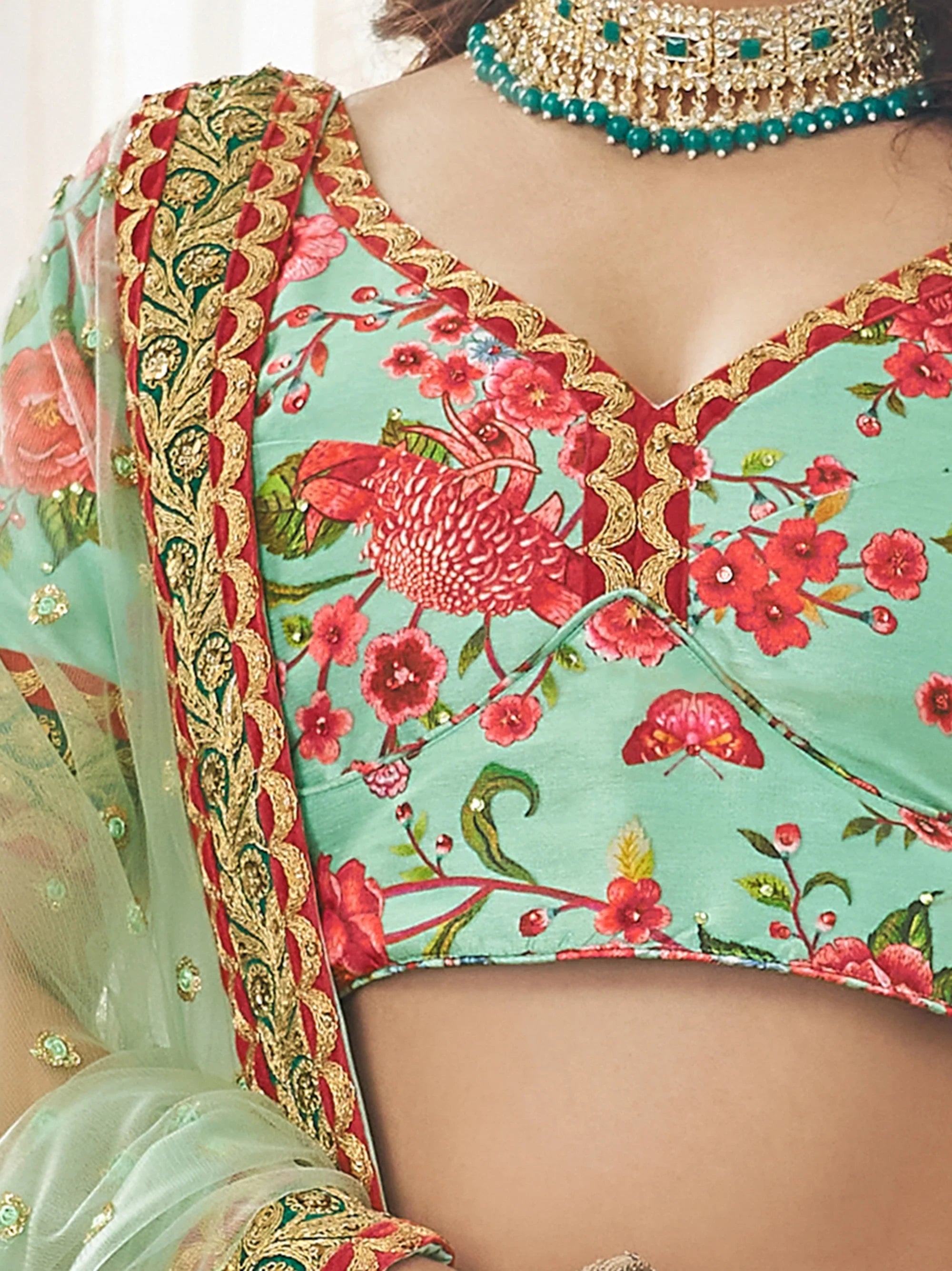 Beautiful Green Printed Silk Sangeet Wear Plus Size Lehenga Choli