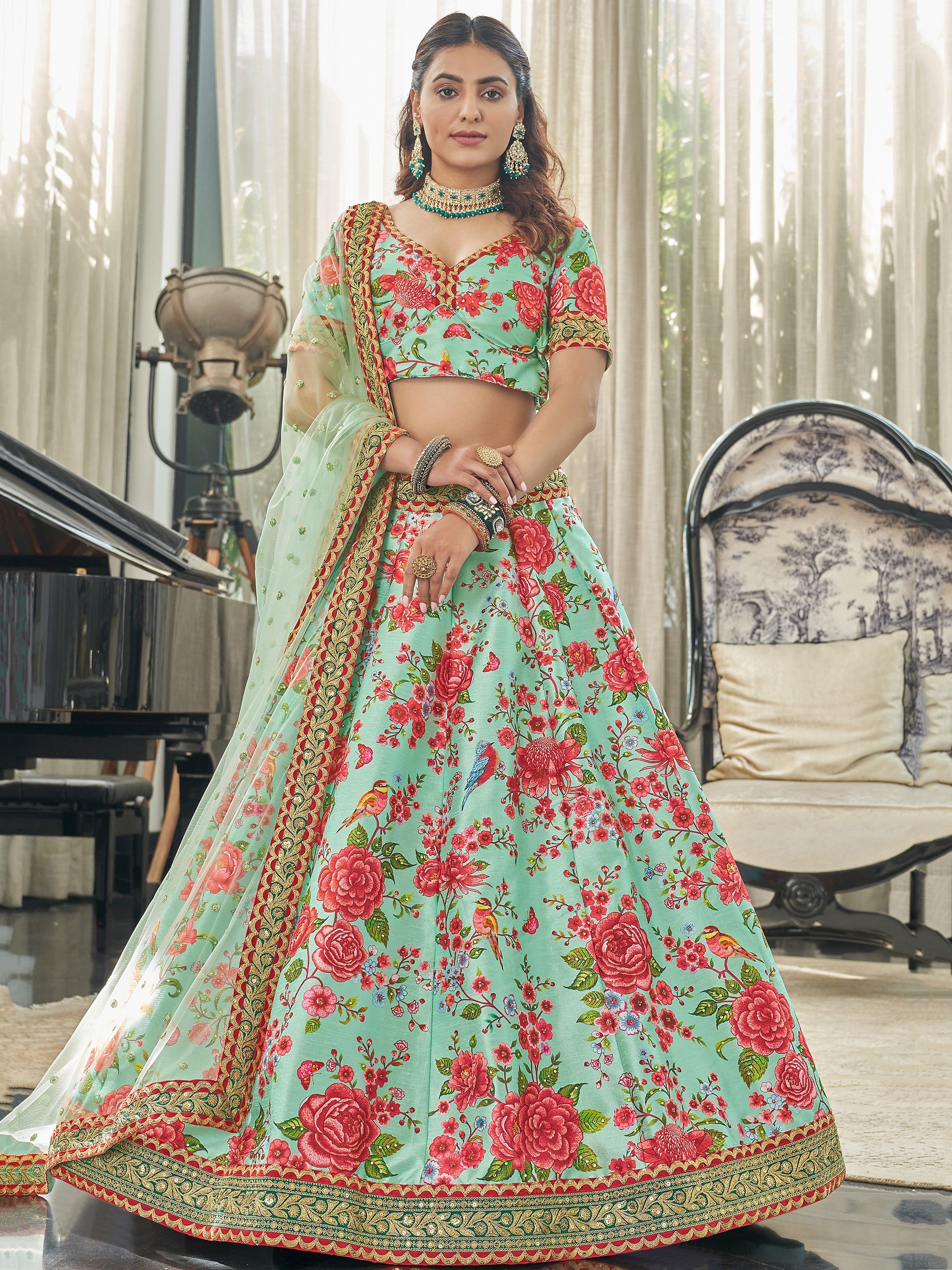 Beautiful Green Printed Silk Sangeet Wear Plus Size Lehenga Choli