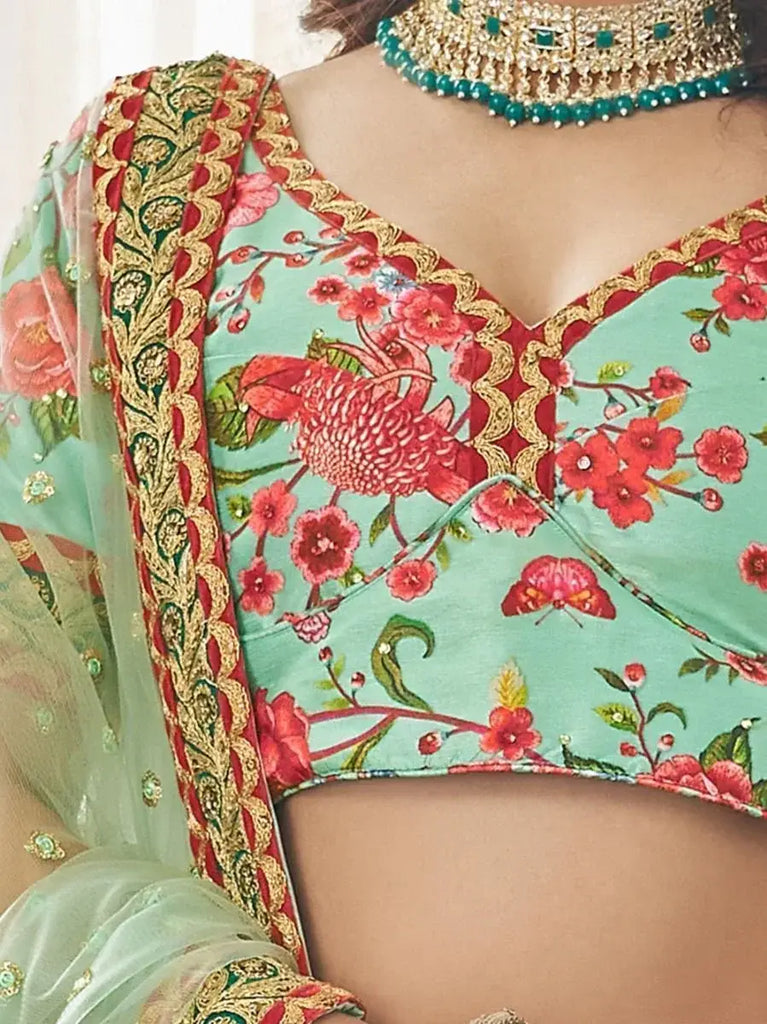 Spectacular Mint Green Floral Printed Art Silk Lehenga Choli