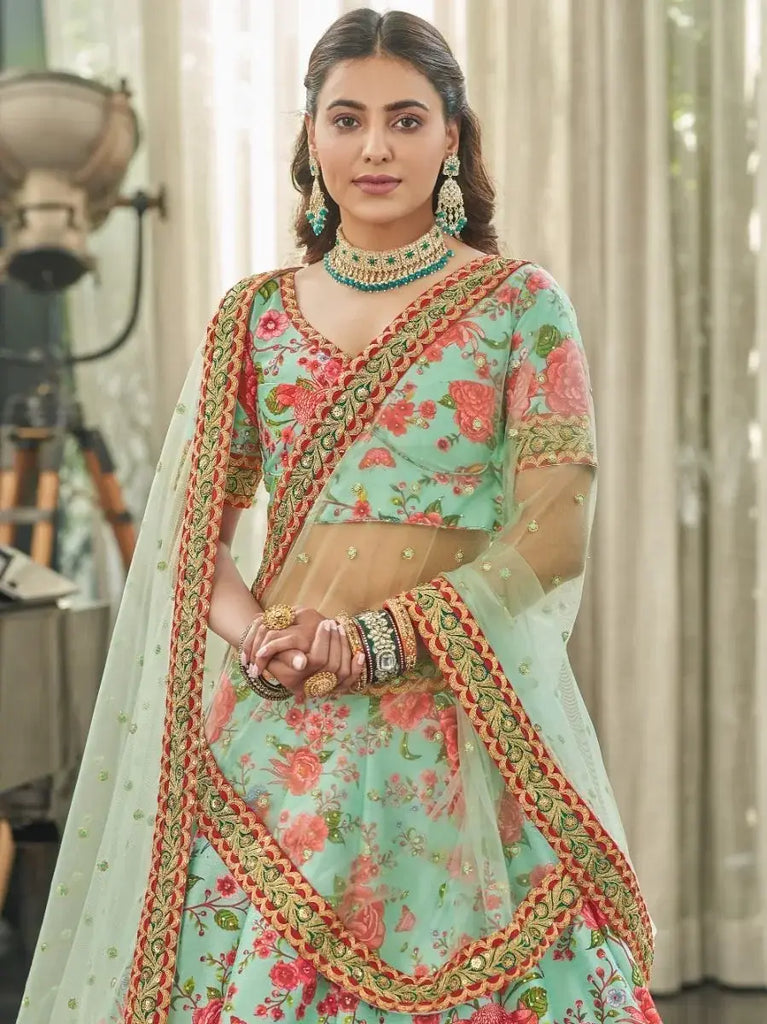 Spectacular Mint Green Floral Printed Art Silk Lehenga Choli