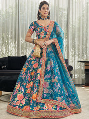 Phenomenal Teal Blue Floral Printed Art Silk Lehenga Choli