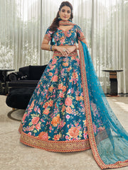 Phenomenal Teal Blue Floral Printed Art Silk Lehenga Choli