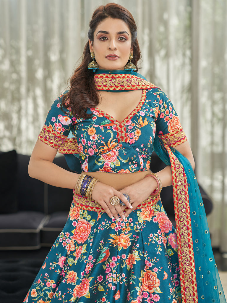Phenomenal Teal Blue Floral Printed Art Silk Lehenga Choli