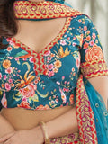 Phenomenal Teal Blue Floral Printed Art Silk Lehenga Choli