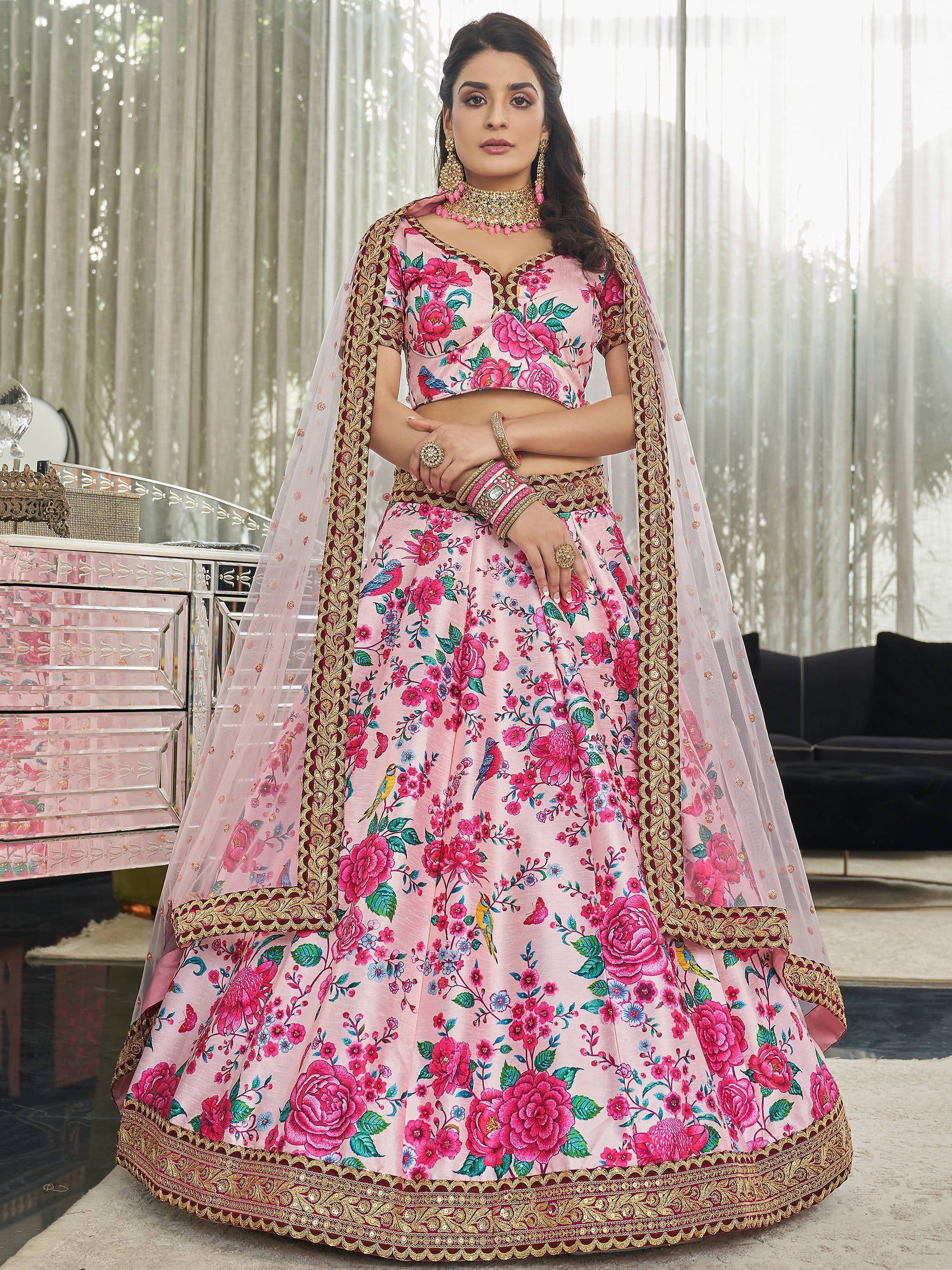 Ravishing Light Pink Floral Printed Art Silk Lehenga Choli