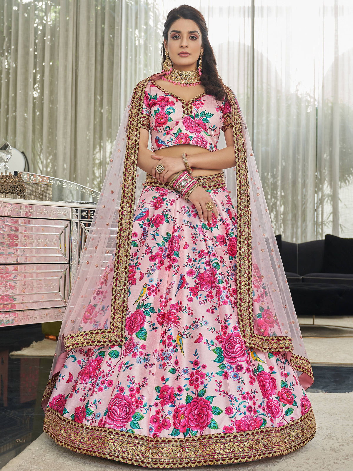 Ravishing Light Pink Floral Printed Art Silk Lehenga Choli