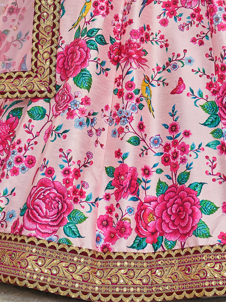 Ravishing Light Pink Floral Printed Art Silk Lehenga Choli