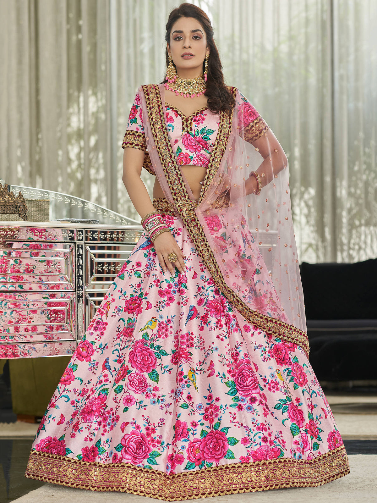 Ravishing Light Pink Floral Printed Art Silk Lehenga Choli