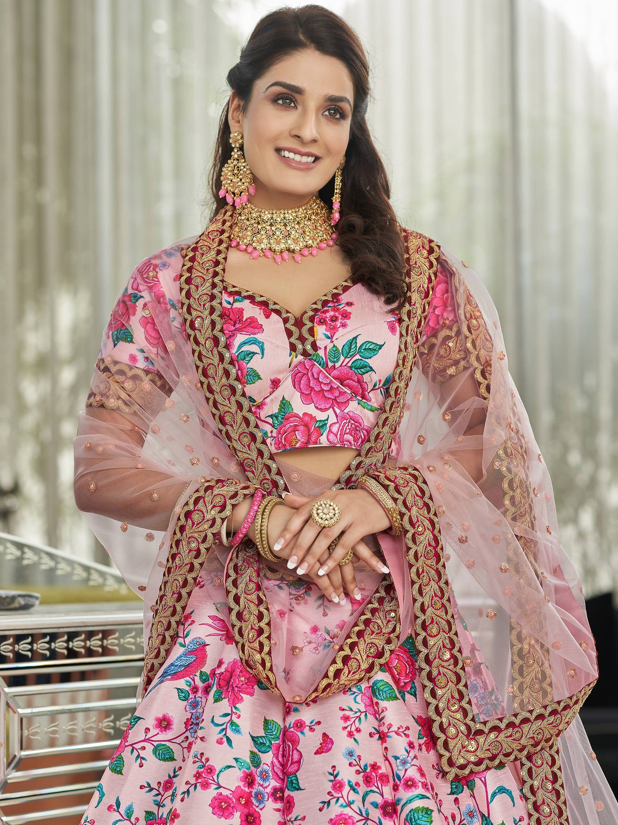 Ravishing Light Pink Floral Printed Art Silk Lehenga Choli