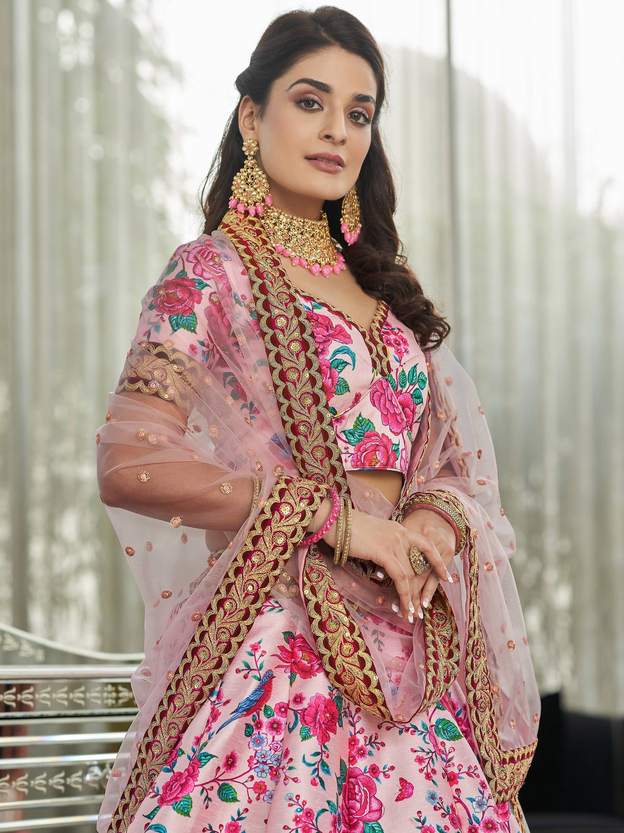 Ravishing Light Pink Floral Printed Art Silk Lehenga Choli