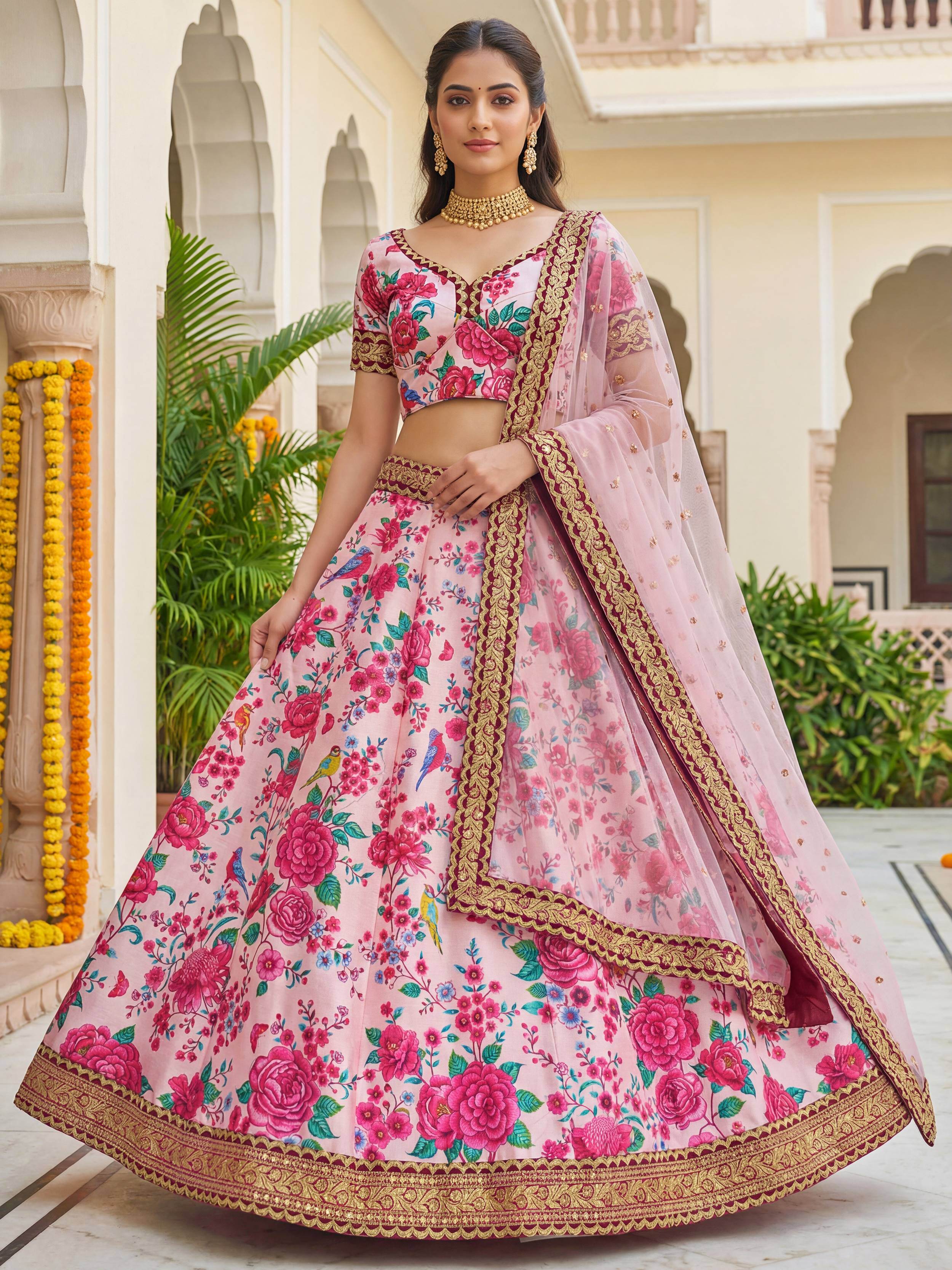 Captivating Light Pink Floral Printed Silk Festival Wear Lehenga Choli