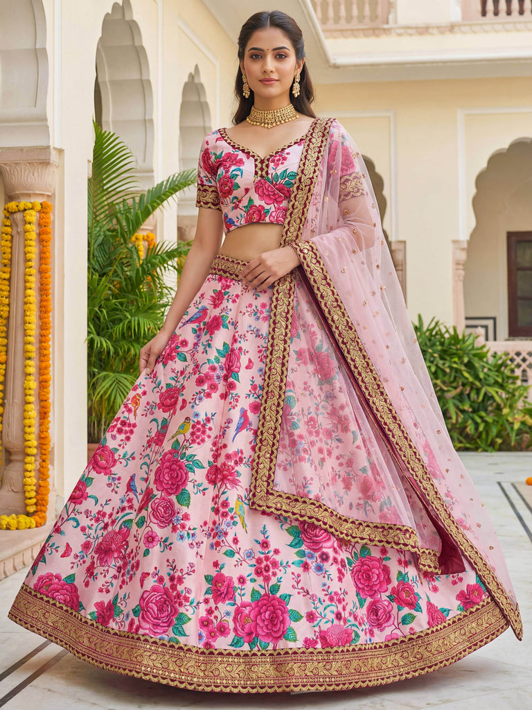 Captivating Light Pink Floral Printed Silk Festival Wear Lehenga Choli