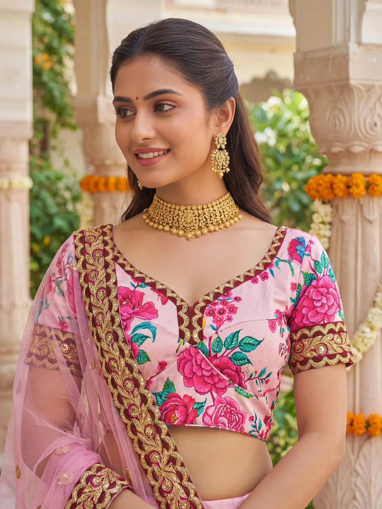 Captivating Light Pink Floral Printed Silk Festival Wear Lehenga Choli