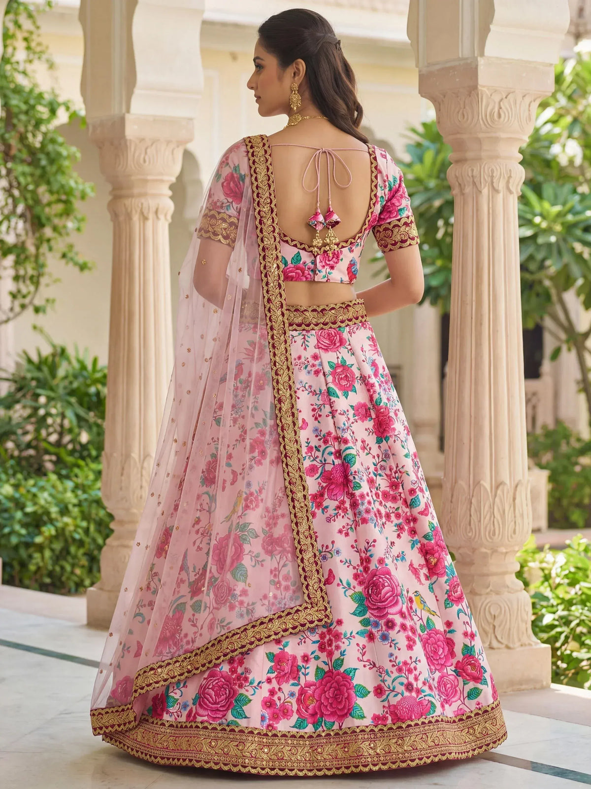 Pink floral lehenga choli with gold embroidery, back view, Indian ethnic wear