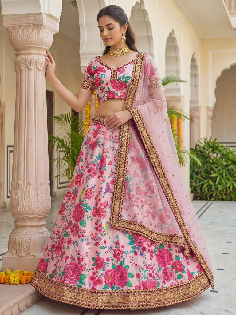 Captivating Light Pink Floral Printed Silk Festival Wear Lehenga Choli
