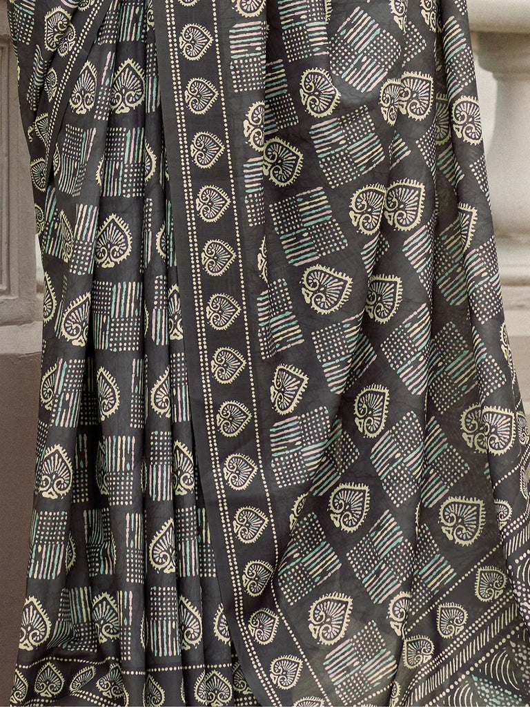 Lovely Grey Printed Mal Mal Silk Event Wear Saree With Blouse