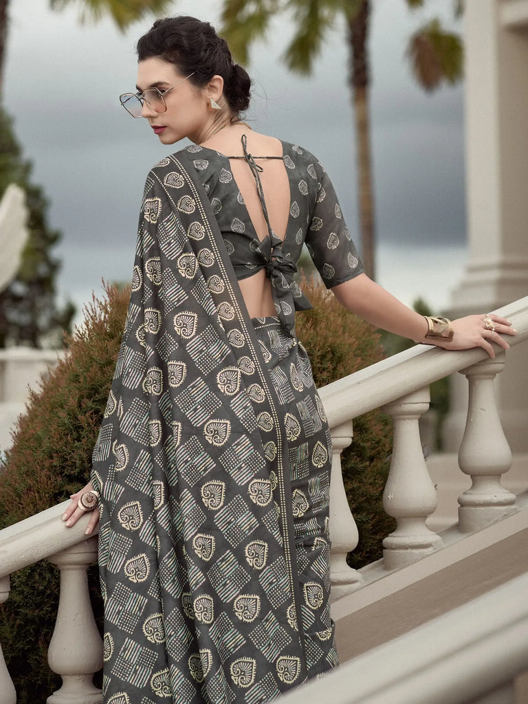 Lovely Grey Printed Mal Mal Silk Event Wear Saree With Blouse