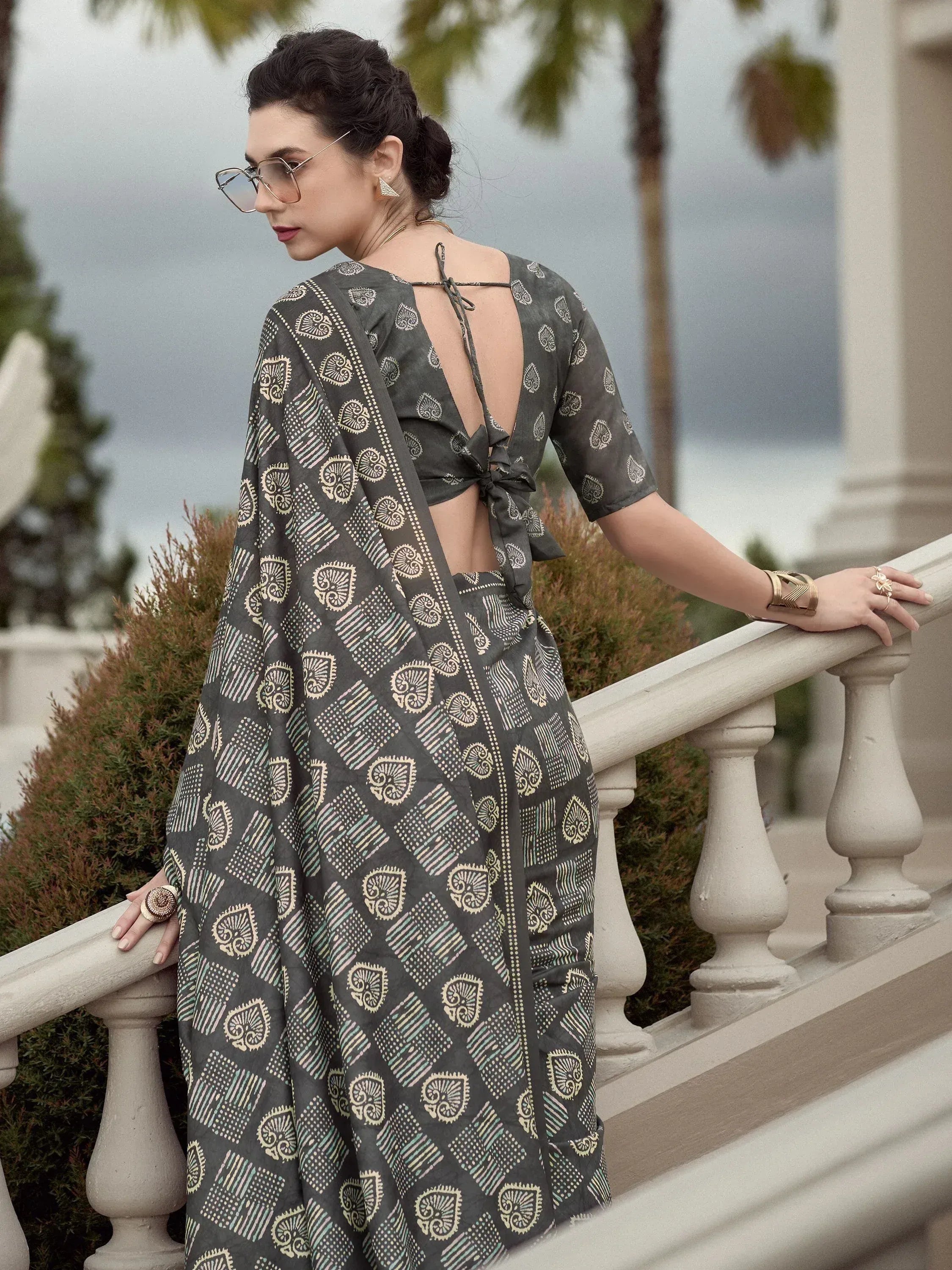 Lovely Grey Printed Mal Mal Silk Event Wear Saree With Blouse