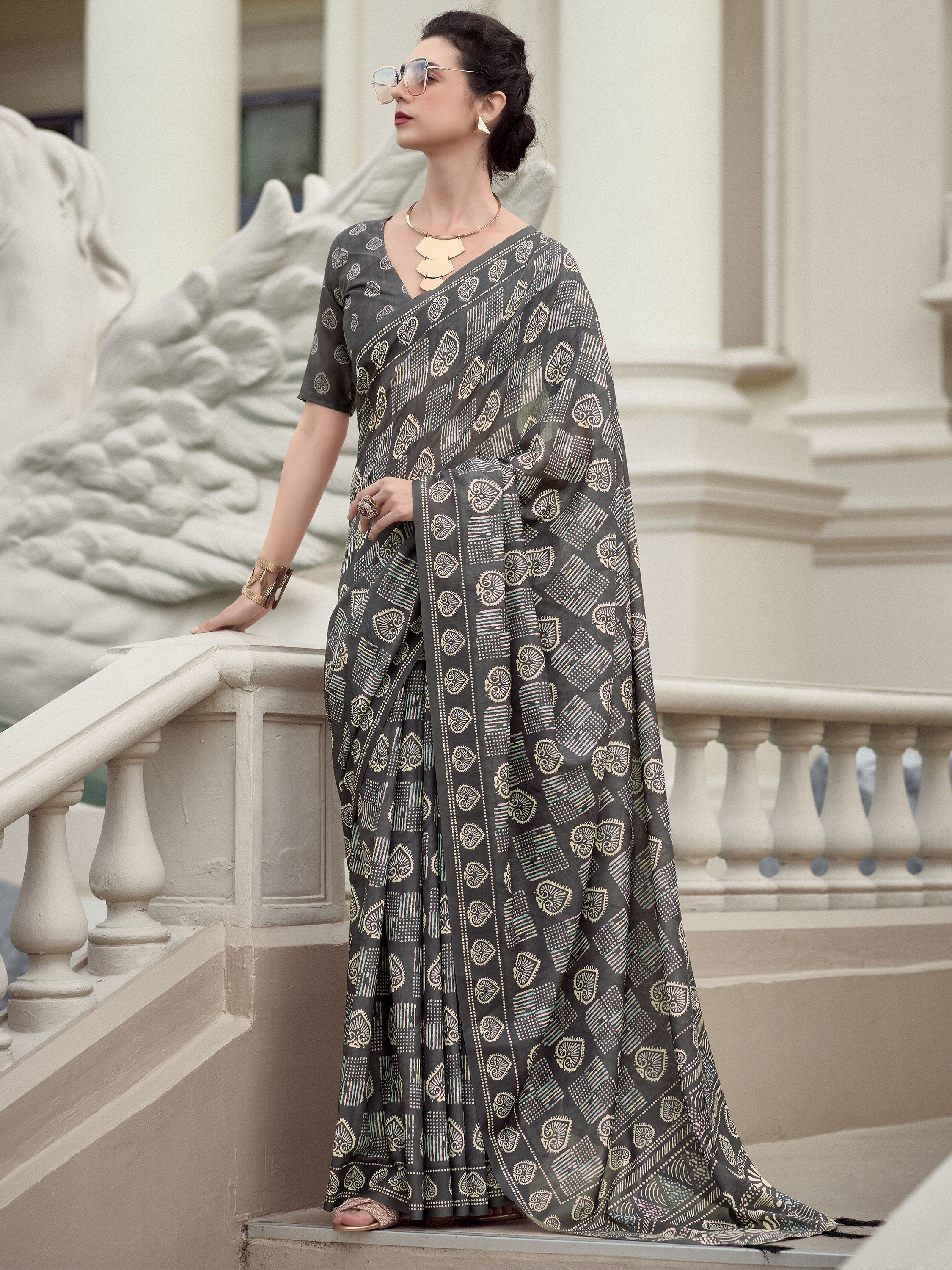 Lovely Grey Printed Mal Mal Silk Event Wear Saree With Blouse