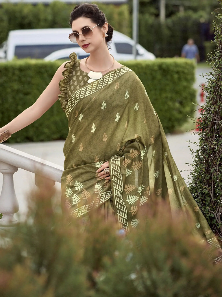 Lovely Olive Green Printed Mal Mal Silk Event Wear Saree With Blouse