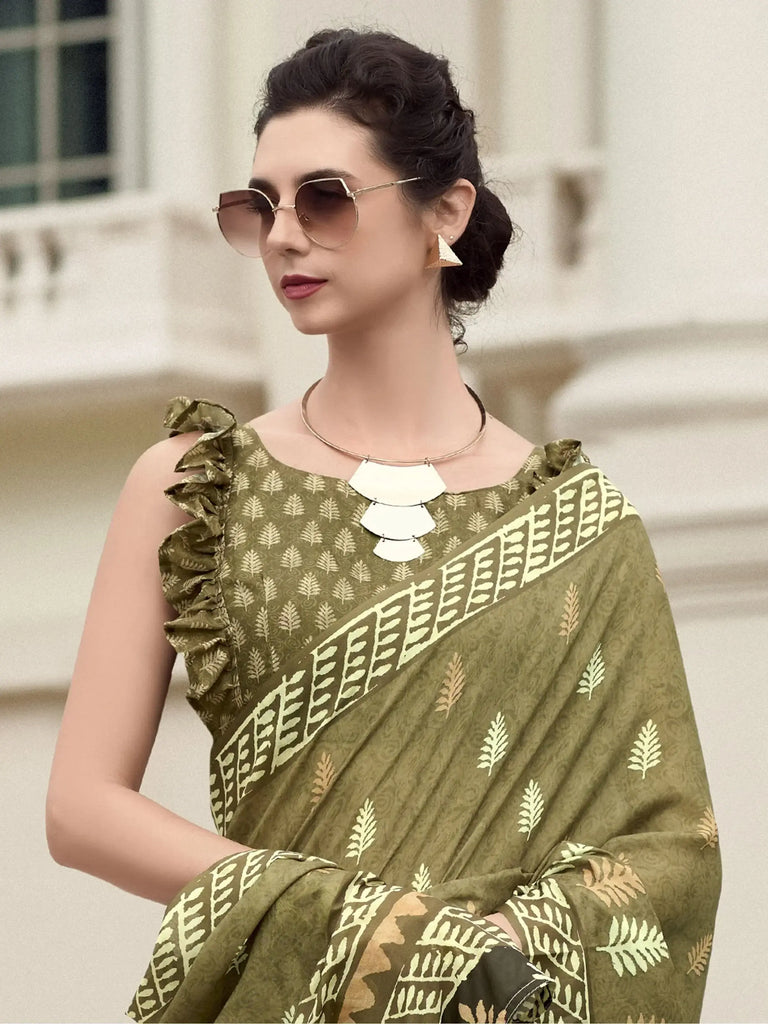 Lovely Olive Green Printed Mal Mal Silk Event Wear Saree With Blouse