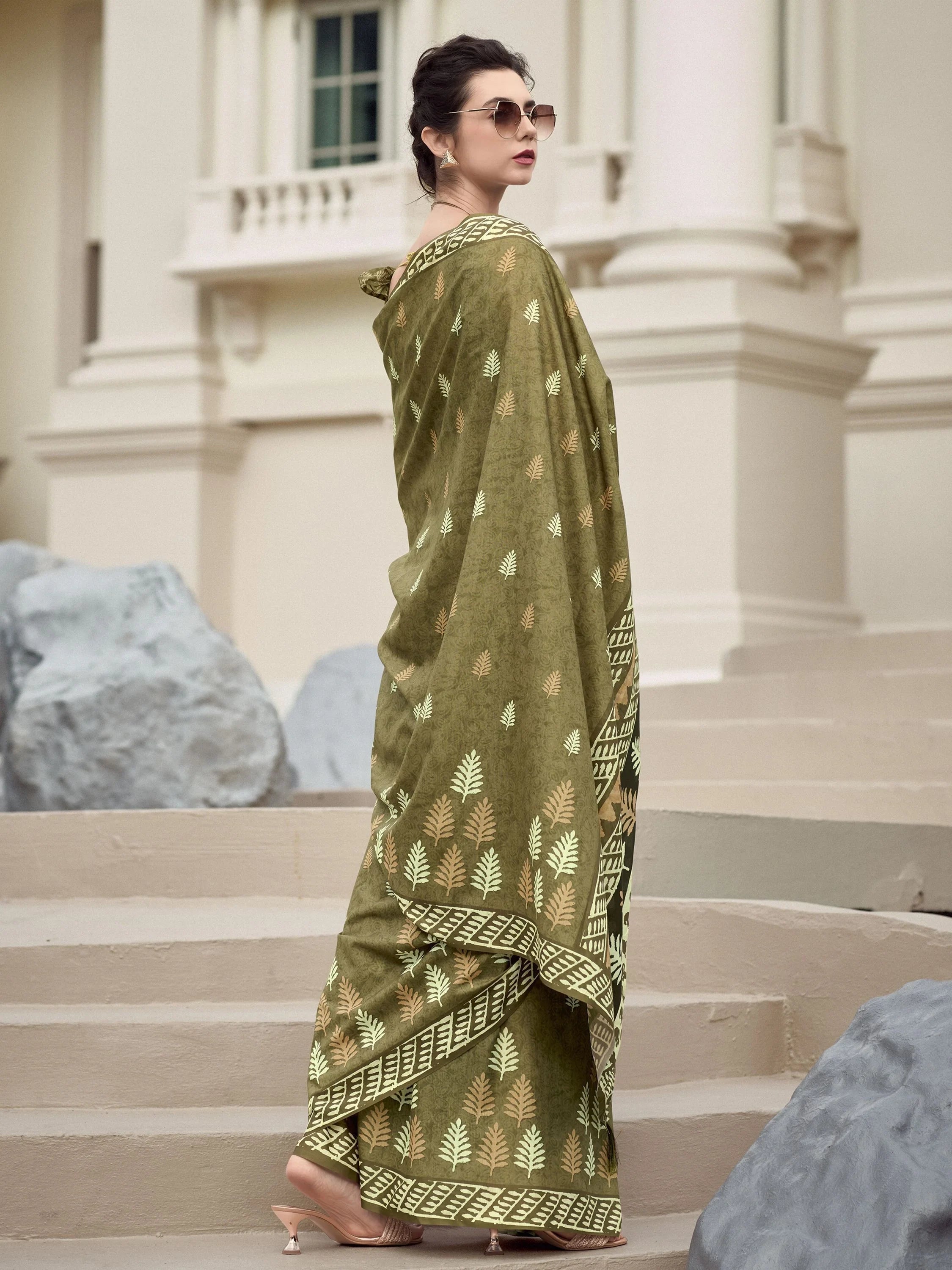 Lovely Olive Green Printed Mal Mal Silk Event Wear Saree With Blouse