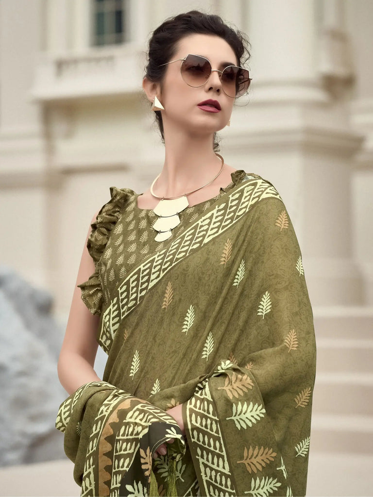Lovely Olive Green Printed Mal Mal Silk Event Wear Saree With Blouse