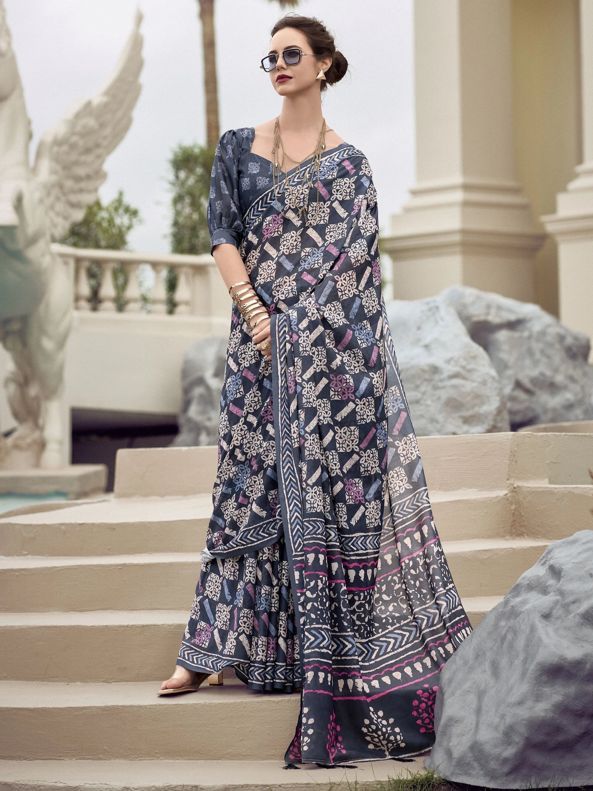 Pretty Navy Blue Printed Mal Mal Silk Casual Wear Saree With Blouse