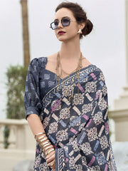 Pretty Navy Blue Printed Mal Mal Silk Casual Wear Saree With Blouse