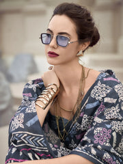 Pretty Navy Blue Printed Mal Mal Silk Casual Wear Saree With Blouse